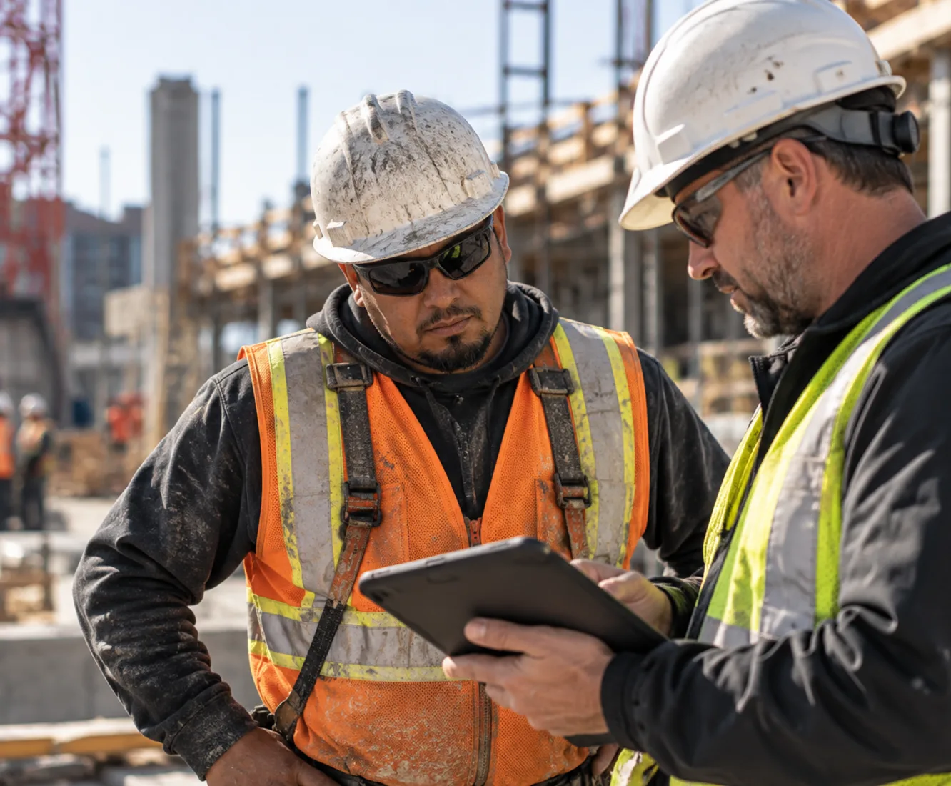 Two construction workers reviewing paperwork together on a jobsite