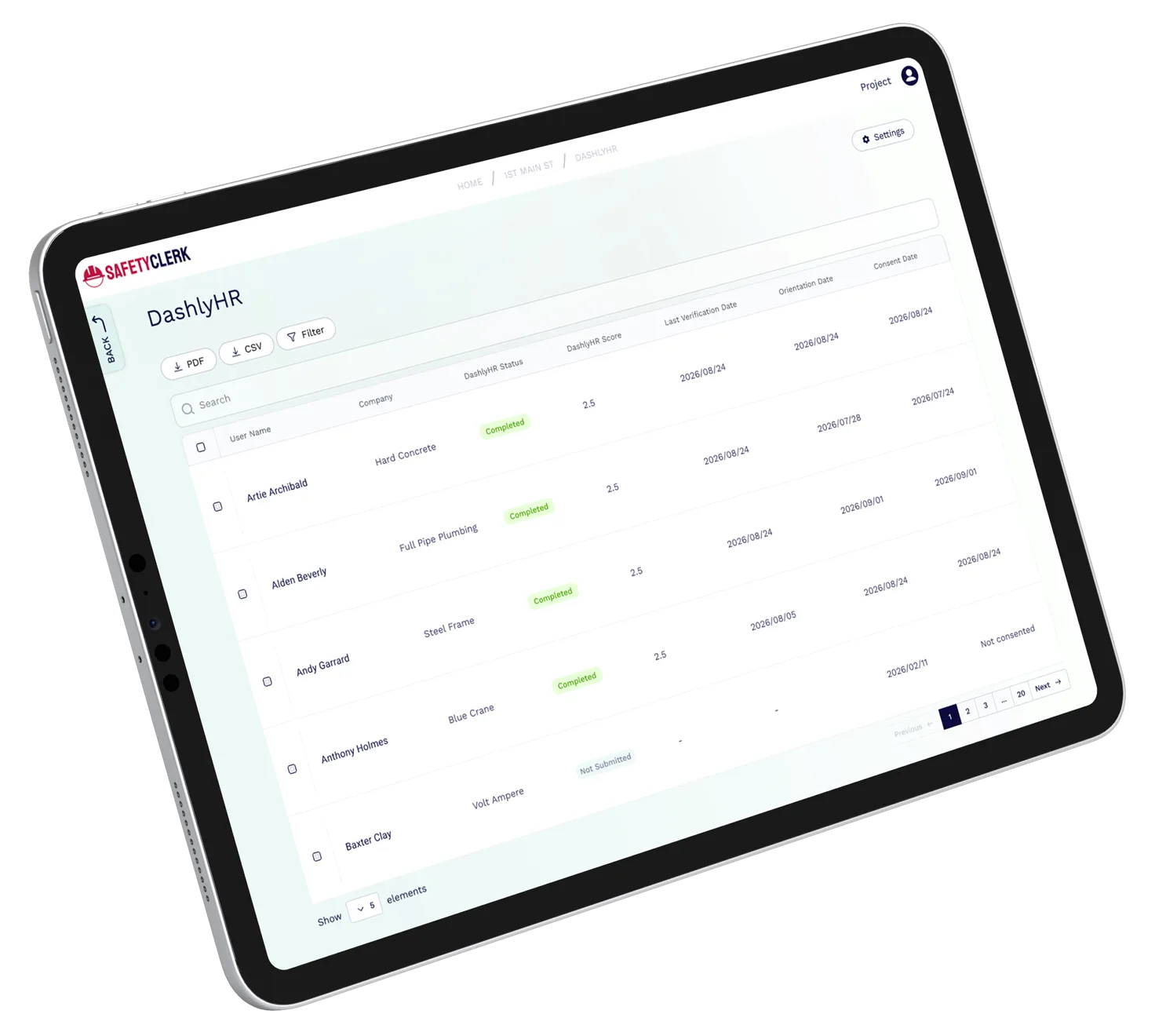 The DashlyHR worker list inside SafetyClerk, showing a risk score for each vetted worker
